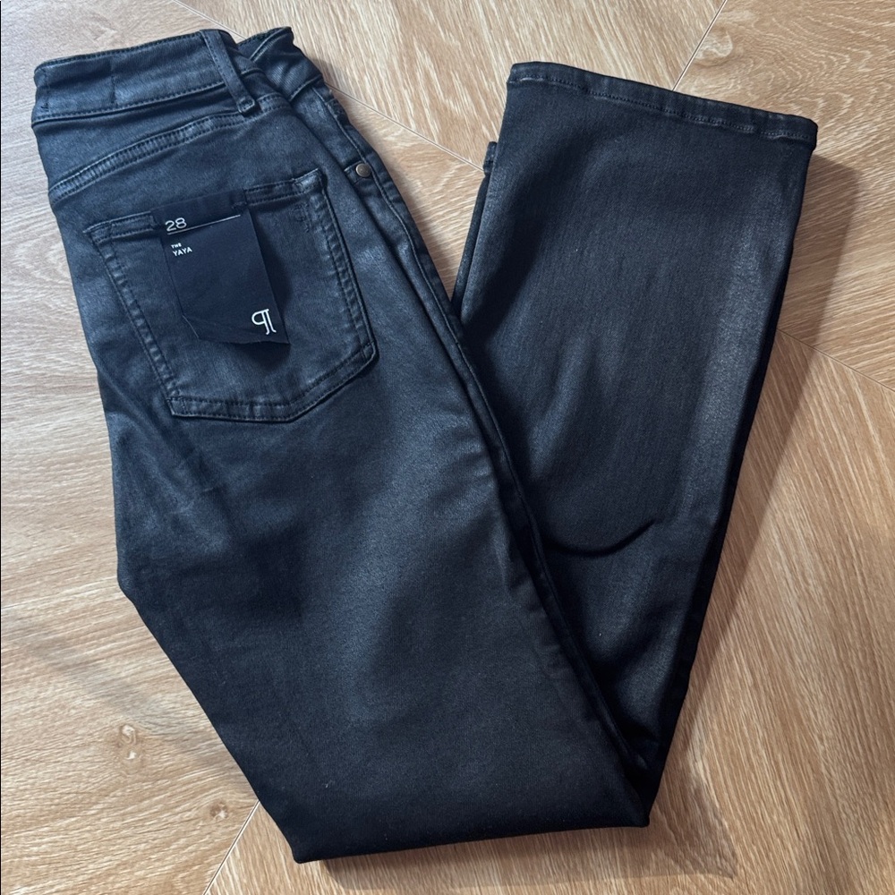 Pilcro Anthropologie coated black yaya flare jeans